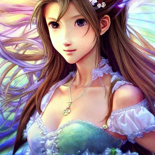 Image similar to aerith gainsborough, ultra detailed painting at 1 6 k resolution and epic visuals. epically beautiful image. amazing effect, image looks crazily crisp as far as it's visual fidelity goes, absolutely outstanding. vivid clarity. ultra. iridescent. mind - breaking. mega - beautiful pencil shadowing. beautiful face. ultra high definition, range murata and artgerm