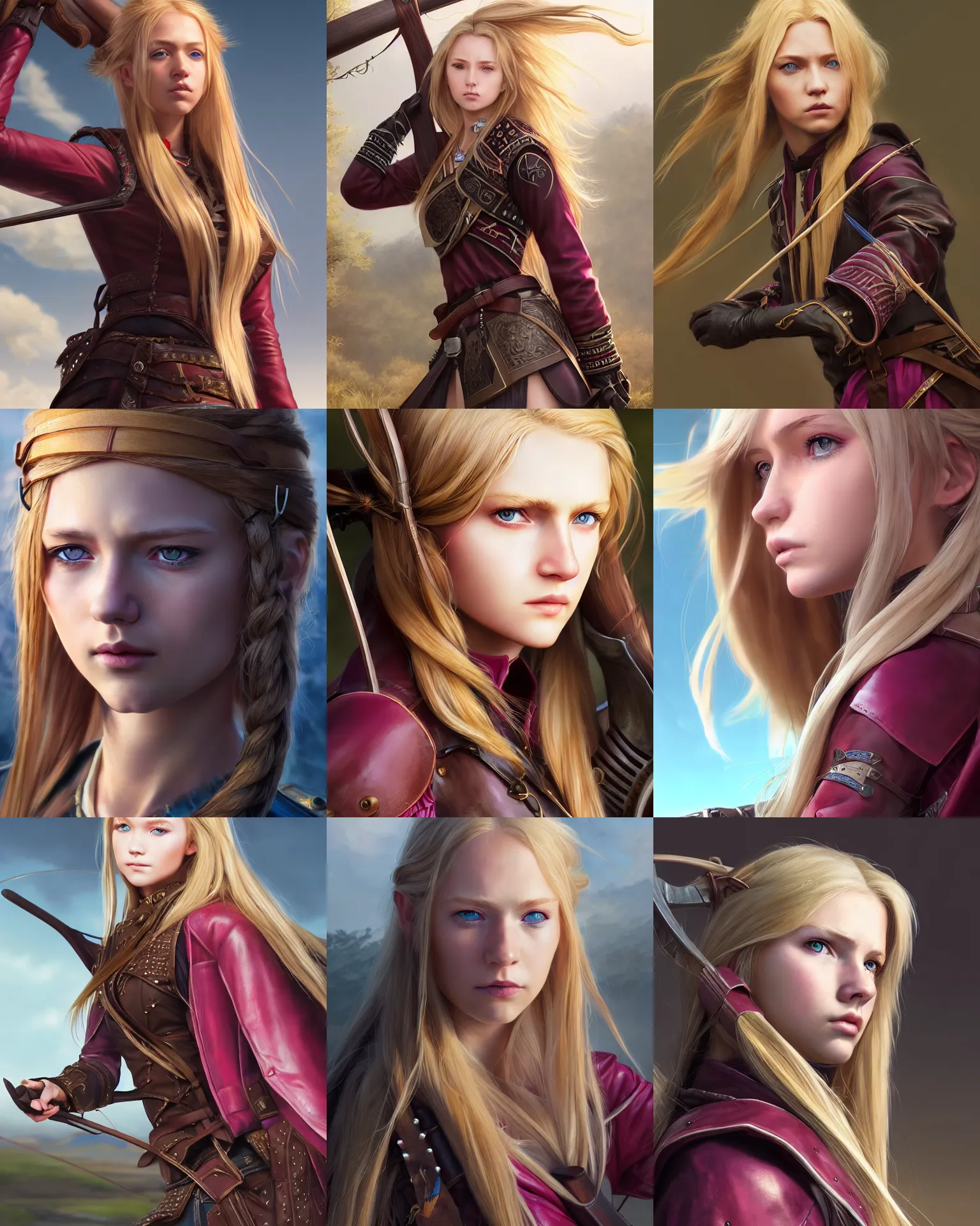 Prompt: wlop, krenz cushart, close detailed portrait digital painting of a young woman with long blonde hair and blue eyes. wearing brown and magenta leather tribal combat clothes. she is holding hunting bow. sunbeam, unreal engine, hyper realism, realistic shading, cinematic composition, blender render, octane render, hdr, detailed textures, photorealistic, 3 5 mm film