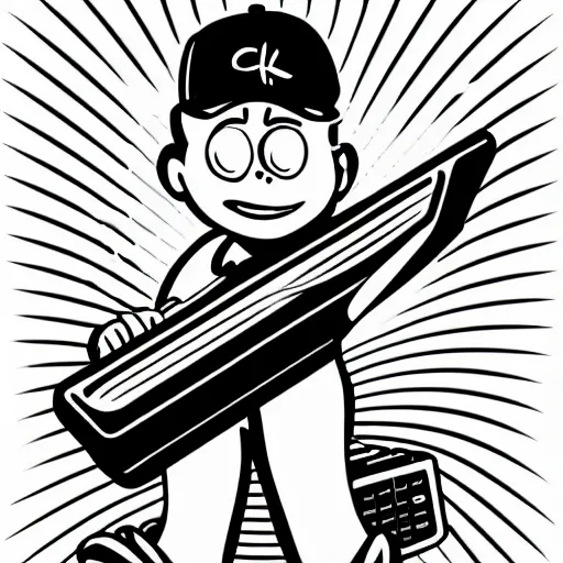 Prompt: cartoon line drawing illustration of a kid, wearing a backwards baseball cap, playing a Korg MS-20 synthesizer, in the style of The Beano, pen and ink, black and white, long shot, white background, graffiti marker