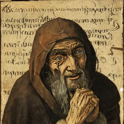 Image similar to A 17th Century beggar, with the letter B carved on his forehead, filthy, haggard, no teeth, dirty hair, Breughel