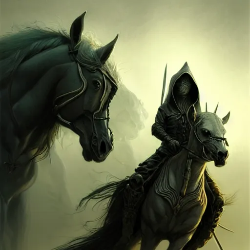 Prompt: concept art by artgerm, pestilence of the four horsemen of the apocalypse, soft green natural light, intricate, hooded death riding a horse, highly detailed dark art, digital painting, artstation, concept art, smooth, sharp focus, illustration, art by greg rutkowski and luis rollo and uang guangjian and gil elvgren, symmetry!