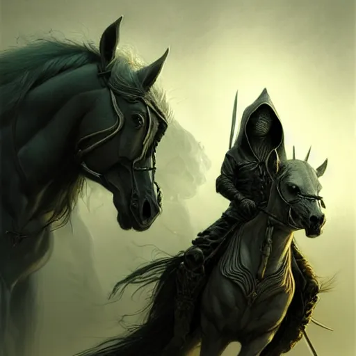 Image similar to concept art by artgerm, pestilence of the four horsemen of the apocalypse, soft green natural light, intricate, hooded death riding a horse, highly detailed dark art, digital painting, artstation, concept art, smooth, sharp focus, illustration, art by greg rutkowski and luis rollo and uang guangjian and gil elvgren, symmetry!