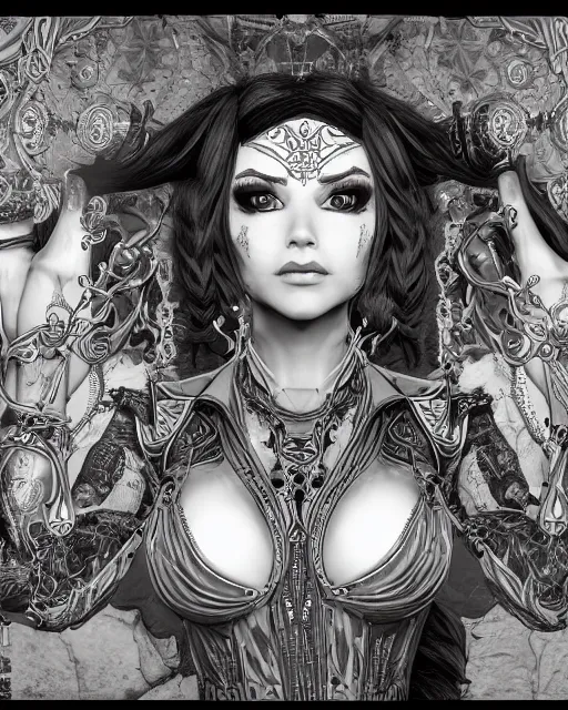 Image similar to portrait of lady mechanika comic, intricate linework, unreal engine 5 highly rendered, global illumination, detailed and intricate environment, by joe benitez