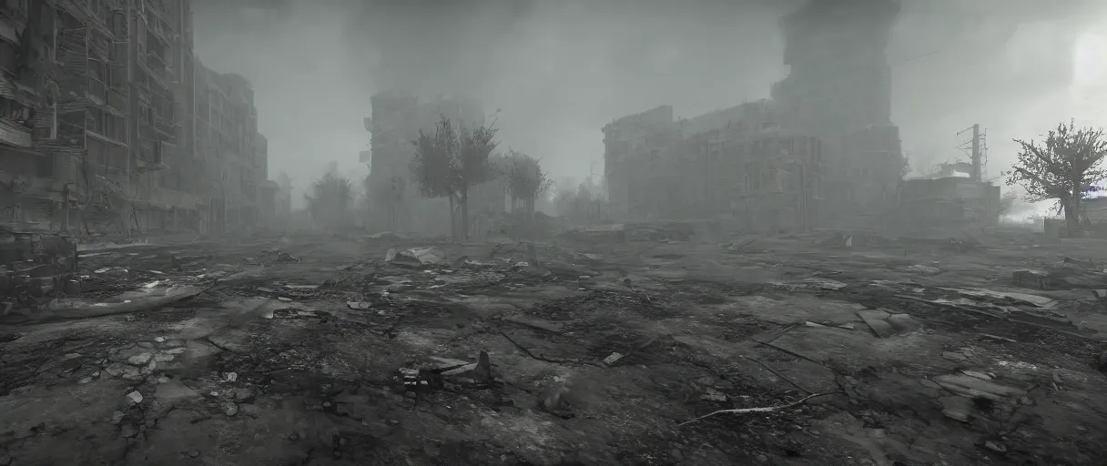 Prompt: post-apocalyptic urban warfare nightmare, decaying wasteland enshrouded in swirls of radioactive fog , high quality, volumetric lighting, cryengine, 8k