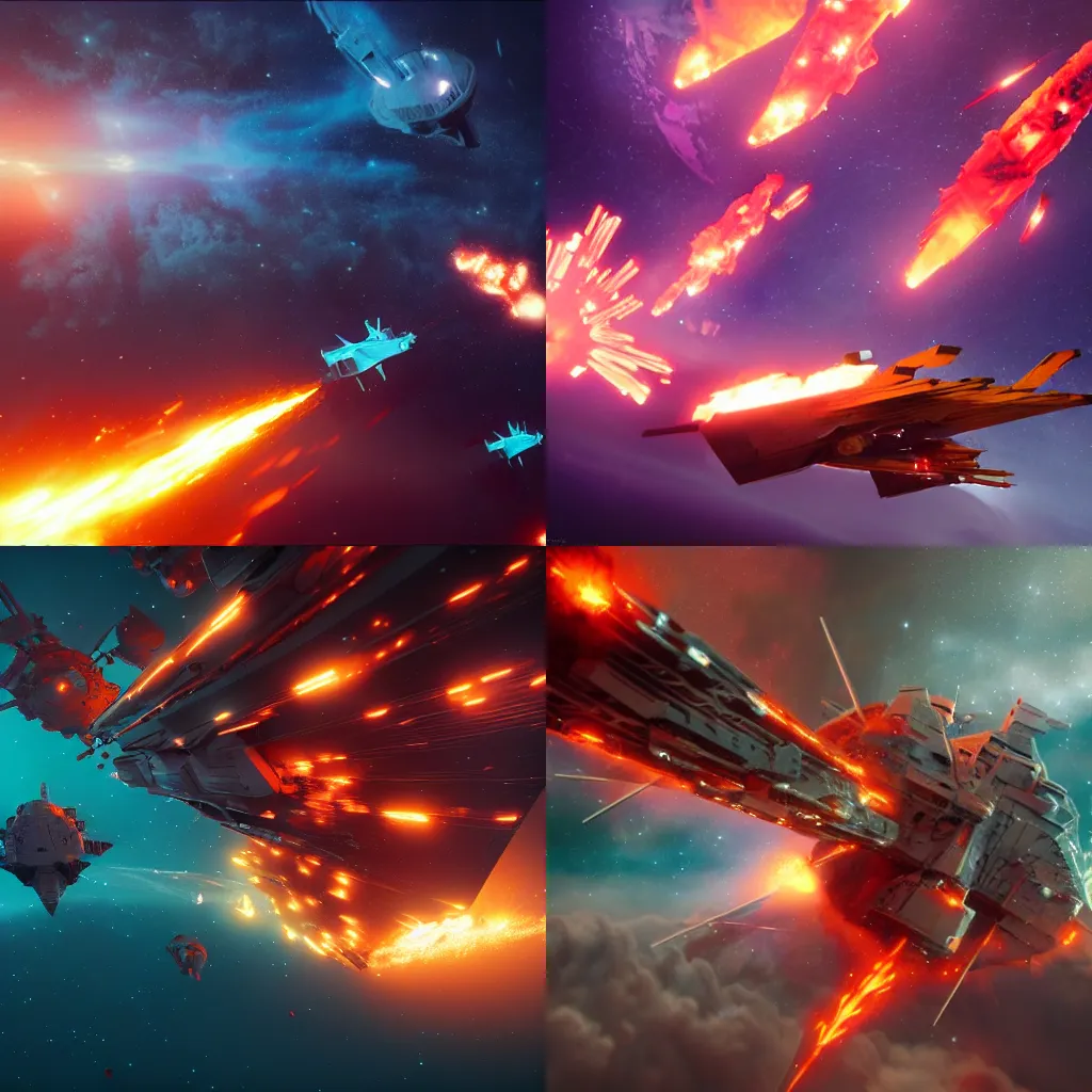 Prompt: Attack ships on fire off the shoulder of Orion, starships, nebula, concept art, trending in artstation, 8k, realistic octane render