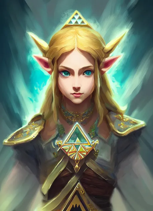 Prompt: zelda with triforce, fantasy, intricate, elegant, highly detailed, digital painting, artstation, concept art, wallpaper, smooth, sharp focus, illustration, art by wlop