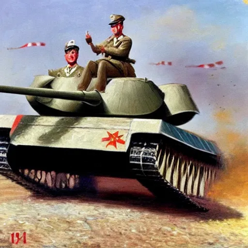 Image similar to George H.W. Bush rides in a tank leading his army against Iraq, oil on canvas, 1883