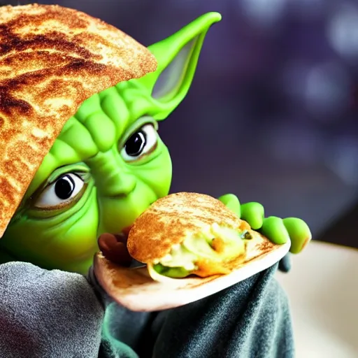 Image similar to A still of Yoda eating arepas, 4k, photograph, ultra realistic, highly detailed, professional lighting