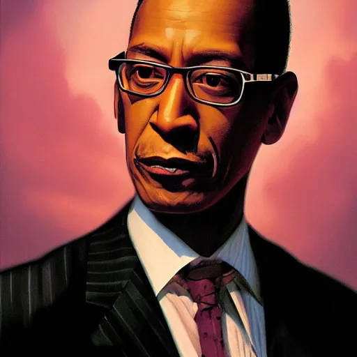 Image similar to Portrait of Gus fring by gerald brom, full body, light pink sunrise, calm atmosphere