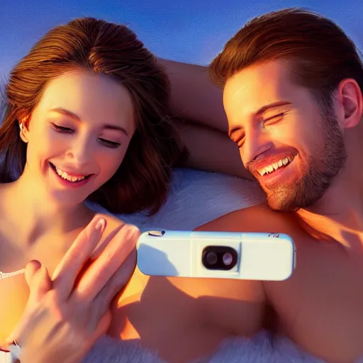 Prompt: beautiful serene intricate portrait of you and me taking a selfie, smiling softly, relaxing on the beach, golden hour, soft focus, 8 k, art by irakli nadar, hyperrealism, hyperdetailed, ultra realistic