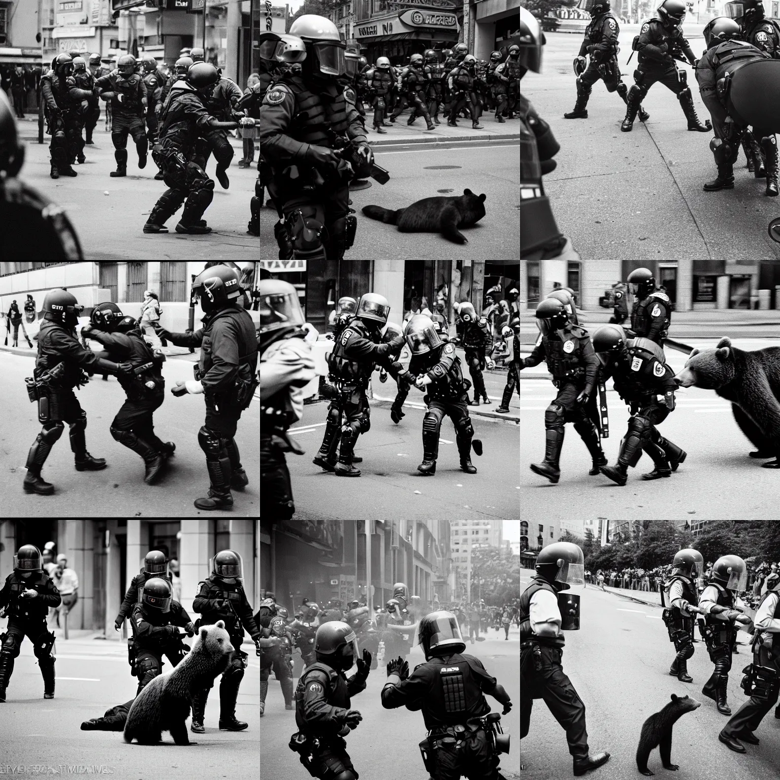 Prompt: riot police beating a bear, leica m 9, voigtlander 3 5 mm, 1 9 6 0 s