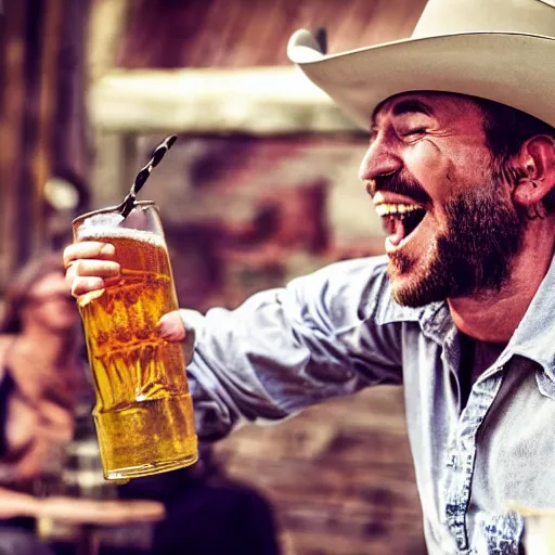 Prompt: epic portrait cinematic shot cowboy laughing and enjoy his drink of beer with friends, photography, realistic, detailed,