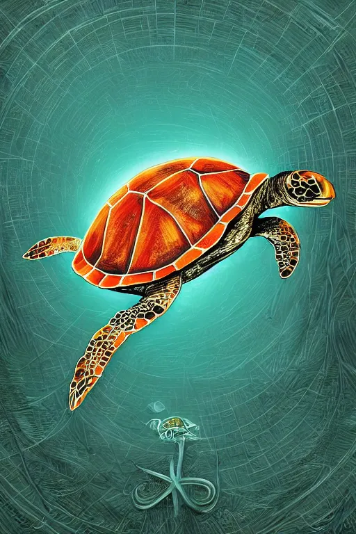 Image similar to luminescent sea turtle, symmetrical, highly detailed, digital art, sharp focus, skeleton, trending on art station, amber