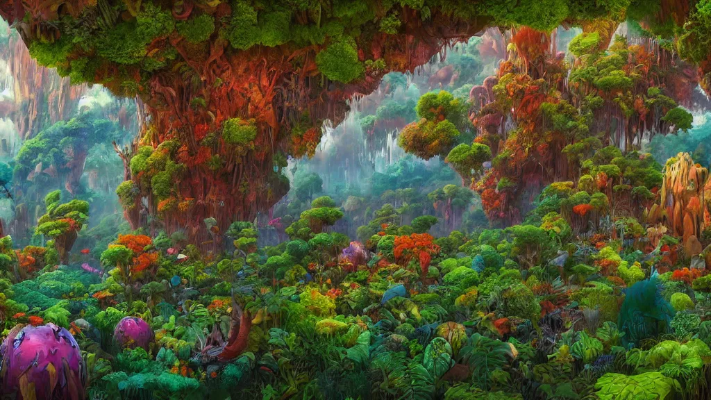 Prompt: first person perspective digital illustration of a fantasy forest of vibrant flora and fauna by industrial light and magic:1|wide angle panoramic by beeple and Roger Dean, viewed from eye level:0.9|fantasy, cinematic:0.9|Unreal Engine, Octane, finalRender, devfiantArt, artstation, artstation HQ, behance, HD, 16k resolution:0.8