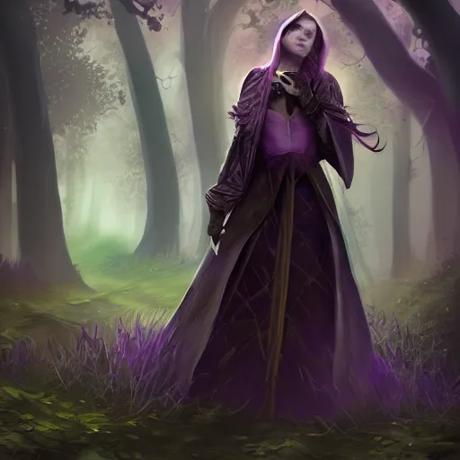 Prompt: Beautiful woman in dark cloak pick flower at night forest, muted colors, long shot, fairy tale, purple tones, trending on artstation, unreal engine 4, high detailed, vivid atmosphere, 8k, color correction, lighting, mood, floral arrangement, grunge, broom, wood