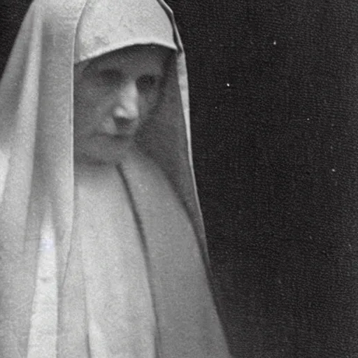 Image similar to antique photograph of a ghost of an evil catholic nun, blurry, transparent, glowing, real photo,