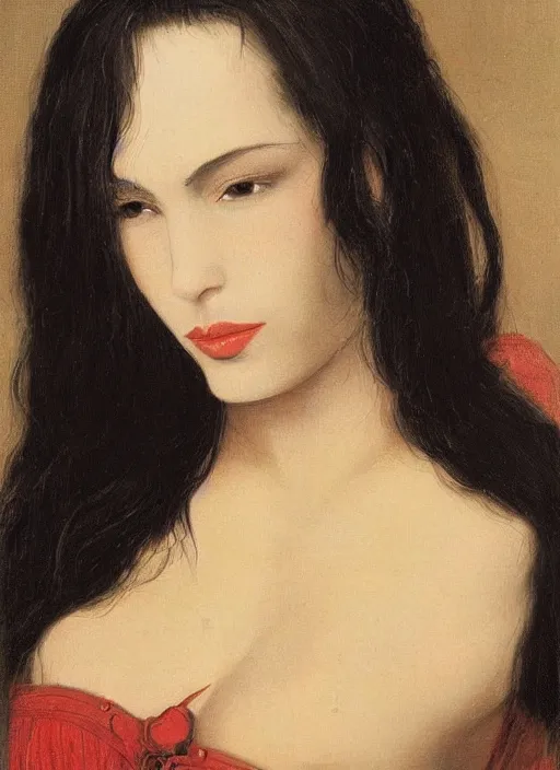Prompt: a portrait of the most beautiful woman in the world with long black hair that extends past her waist with locks of hair that frame her face down to her chin and shows off her high forehead, dark brown eyes with long, voluminous eyelashes and pale skin, narrow waist and very large chest, wear a revealing red V-neck blouse that showed much of her chest and a loose sarong that exposed her long, slender legs with the green symbol of the Kuja adorned on it, along with a white cape sporting epaulettes more commonly found on the jackets of high-ranking Marines, and red high heel pumps, pink hearts in the background , romantic themed, beautiful face, intricate, highly detailed, digital painting, artstation, concept art, smooth, sharp focus, illustration, art by Artgerma