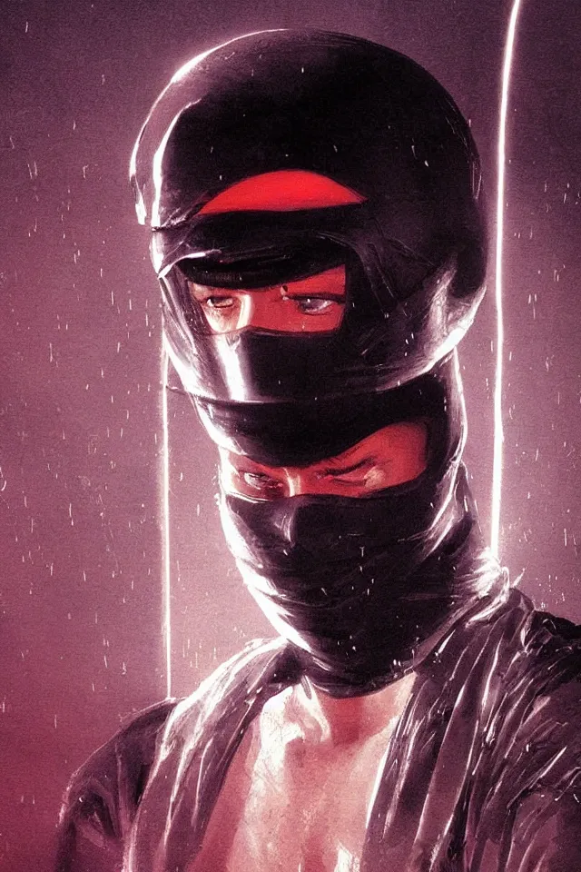 Image similar to character design, portrait, ninja, by syd mead, roger deakins, atmospheric neon rain at night, symmetry