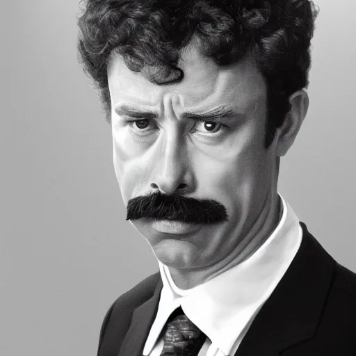 Image similar to film still photo portrait of the lovechild of napoleon dynamite and tom selleck, realistic, hyperrealistic, 8 k resolution, hd quality, very detailed, highly detailed, intricate details, real life, real world, trending on artstation, digital art, really realistic, very realistic, headshot, head in frame, photograph, portrait