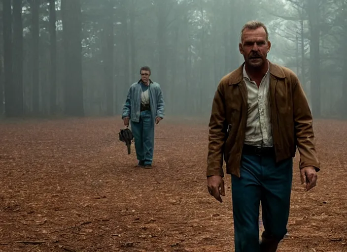 Image similar to film still of!!!!! kevin costner!!!!! as jim hopper in the upside down in stranger things, 4 k