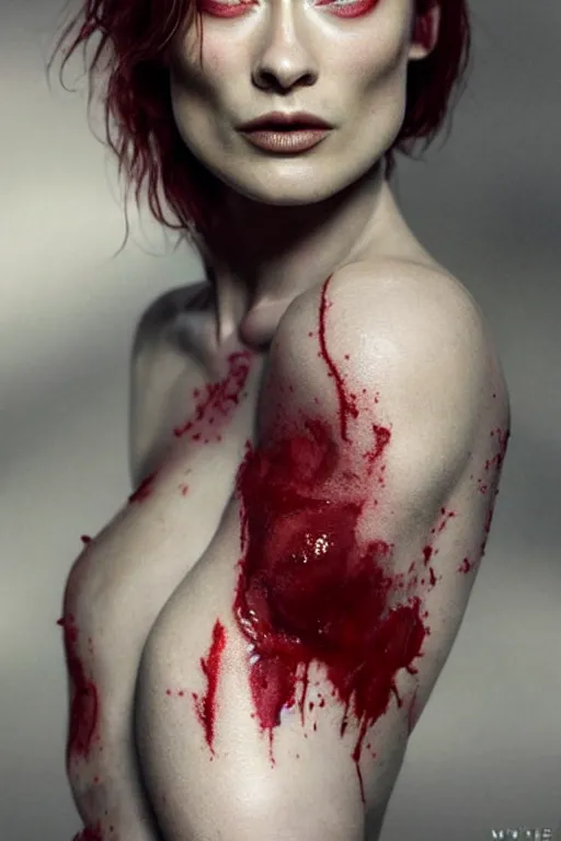 Image similar to pale woman covered with blood, olivia wilde face!!!, red hair, skeleton tattoo!, close up portrait, highly detailed face, ultra realistic, concept art, intricate details, 4 5 mm. photorealistic, octane render, 8 k, unreal engine. film still, heavy grain, 3 5 mm, art by artgerm and greg rutkowski and alphonse mucha