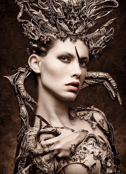 Image similar to a portrait of female model by stefan geselle and nekro borja, photorealistic, intricate details, hyper realistic, fantasy, elegant, ornate metal headpiece, photorealistic, canon r 3, photography, wide shot, symmetrical features, wide angle shot, perfect body, standing pose, feet on the ground