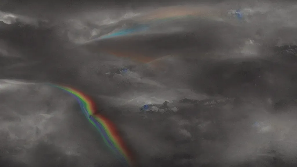 Image similar to matte painting of twisting rainbow in black sky. trending on artstation.