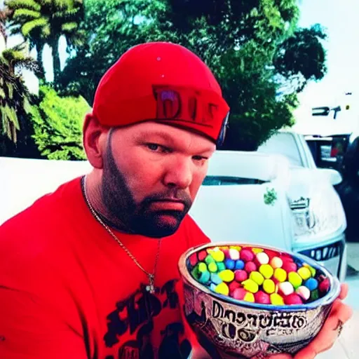 Prompt: “ fred durst eating a giant bowl of skittles ”