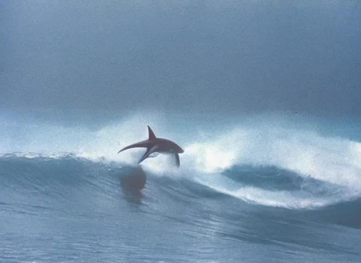 Image similar to color photo of a shark fin in water. surfergirl riding a big wave in the 8 0's