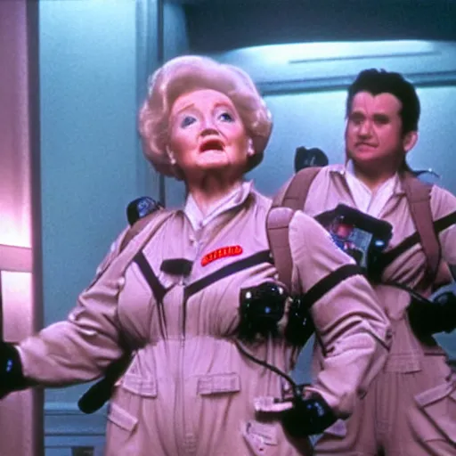 Image similar to stunning awe inspiring betty white as a ghostbuster in the movie ghostbusters, movie still 8 k hdr atmospheric lighting