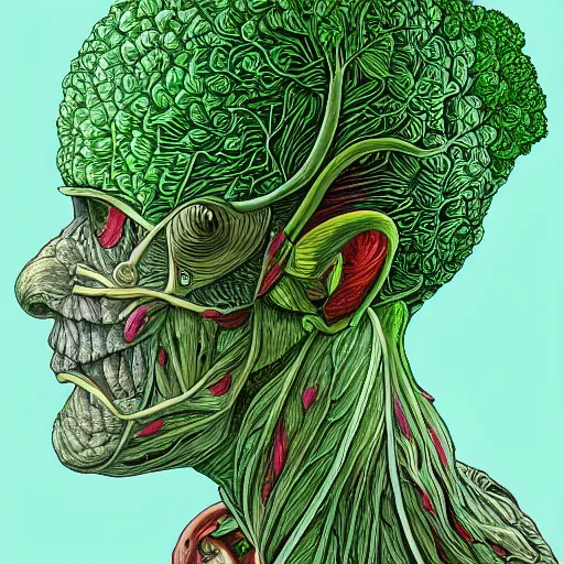 Image similar to the anatomy of a head of lettuce, an ultrafine detailed painting by james jean, intricate linework, bright colors, final fantasy, behance contest winner, vanitas, angular, altermodern, unreal engine, global illumination, radiant light, detailed and intricate environment