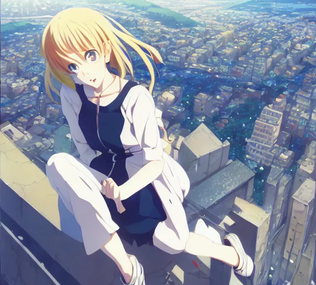 Image similar to anime visual, full body portrait of a young female sightseeing in a part above the city, beautiful face by yoh yoshinari, katsura masakazu, dramatic lighting, dynamic pose, dynamic perspective, strong silhouette, anime cels, ilya kuvshinov, cel shaded, outlined edges!!, rounded eyes, moody, detailed character