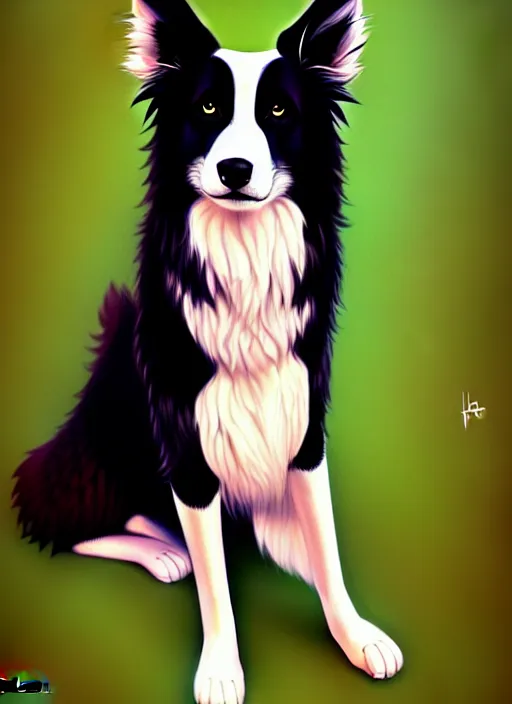 Image similar to wide angle beautiful full body portrait of a cute anthro male border collie fursona with two legs posing in front of a park, character design by charlie bowater, henry asencio, and ross tran, furry art, furaffinity, beautiful, glamor pose, detailed, aesthetic, trending on artstation