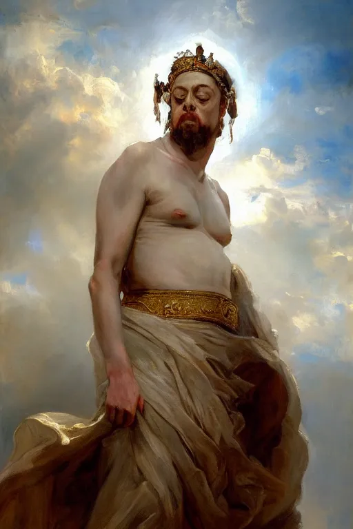 Image similar to beautiful detailed expressive impressionistic oil painting portrait of ancient roman god emperor steve buscemi ascending into the clouds wearing the civic crown, renaissance painting, art by anders zorn, wonderful masterpiece by greg rutkowski, expressive brush strokes, beautiful cinematic light, american romanticism by greg manchess, jessica rossier