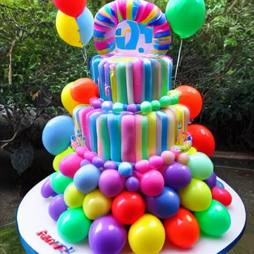 Image similar to a giant birthday cake with plenty of birthday balloons surrounding it