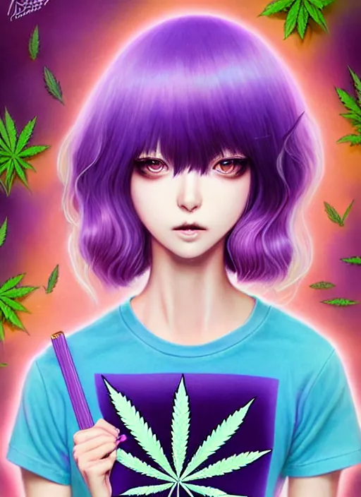 Image similar to richly detailed colored pencil 3 d illustration woman silky straight purple hair with iridescence wearing marijuana logo tshirt and short shorts, she staring at the camera happily art by range murata and artgerm.