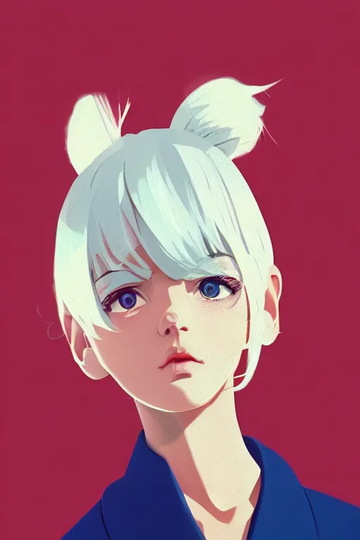 Prompt: a cute girl with cut to shoulder white hair wearing school uniform, overhead shot, sharp focus, pure background color, illustration, morandi color scheme, art station, by ilya kuvshinov