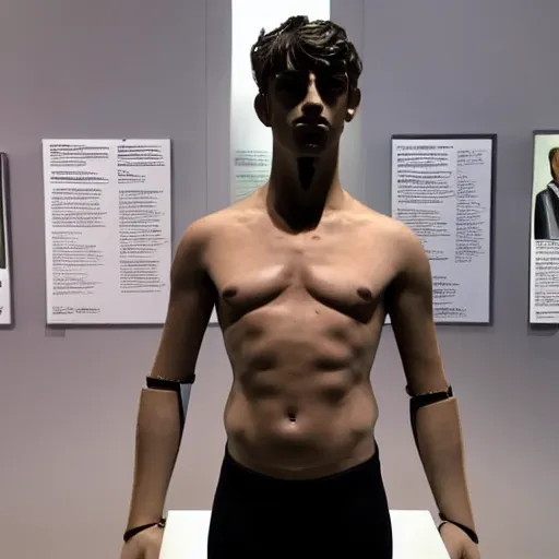 Image similar to “a realistic detailed photo of a guy who is an attractive humanoid who is half robot and half humanoid, who is a male android, British diver Chris Mears, shiny skin, posing like a statue, blank stare, at the museum, on display”