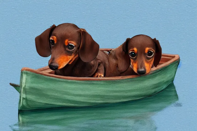 Prompt: sketch of a cute tiny dachshund on a rowboat, colored, very detailed, portrait, sea, reflective water, paddle, hyper real