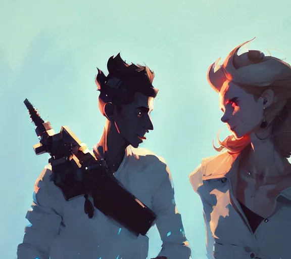 Image similar to portrait jayce and viktor by atey ghailan, by greg rutkowski, by greg tocchini, by james gilleard, by joe fenton, by kaethe butcher, by ashley wood, dynamic lighting, gradient light blue, brown, blonde cream and white color scheme, grunge aesthetic