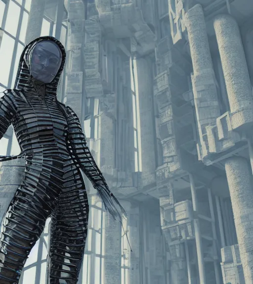 Prompt: cyber tarkovsky greatest scene, the ancient destroyed majestic tower of babylon, woman in futuristic cyber clothing, transparent puffer jacket, hyper realistic, blockchain, cyber world, ambient lighting, concept art, intricate, hyper detailed, smooth, dynamic volumetric lighting, octane, ray trace, cinematic, high quality, high resolution, 4 k, cgsociety