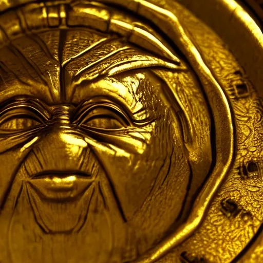 Prompt: An ancient gold coin with the Yoda on it along with ancient writing and its value, cinematic, hyper realism, high detail, octane render, 8k