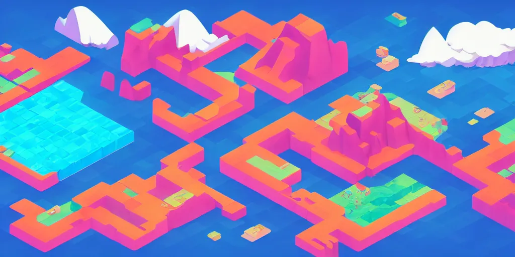 Prompt: an isometric colorful videogame world, epic mountains, duotone, azure ocean in the background, blocks