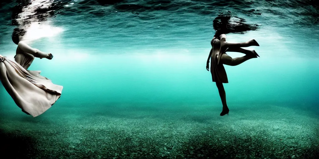 Prompt: deep underwater photography of beautiful model in flat dress by emmanuel lubezki