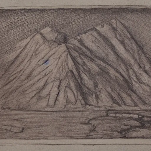 Prompt: a cross section of a mountain in the style of leonardo da vinci, red chalk on paper, national gallery