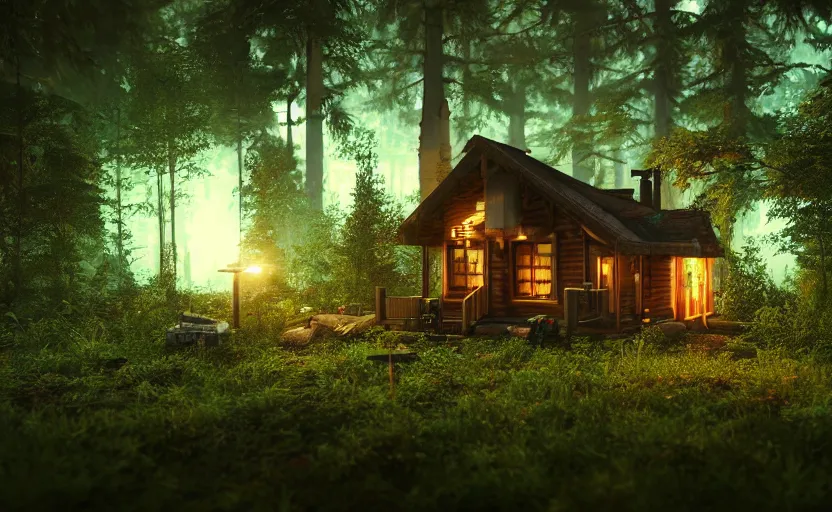 Image similar to photorealistic cyberpunk cabin in a lush forest. daylight. light fixtures. 8K. detailed. photorealism. artstation. 25mm f/1.7 ASPH Lens. ultra realistic
