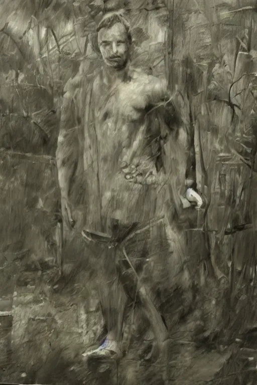 Image similar to a drawn man standing in the rain. pencil sketch.