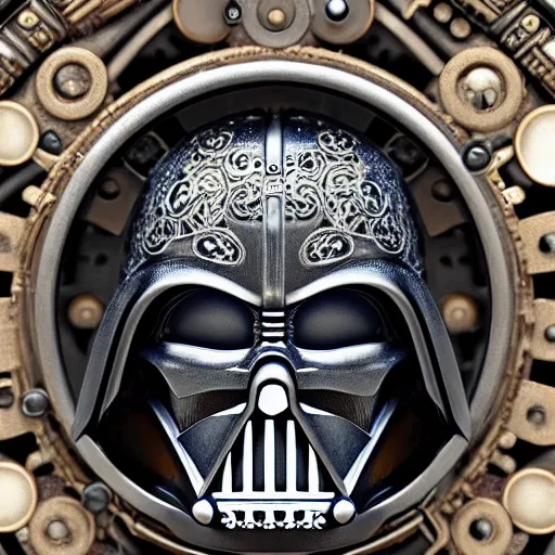 Image similar to A close up symmetric steampunk darth vader mask with sparkling eyes made from ornate engraved full plate armor and Rolex gears and jewels and gems, macro shot by Justin Gerard, unreal engine, detailed, intricate, physically based rendering