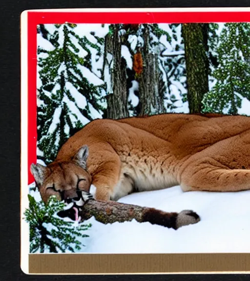Prompt: damaged postcard of 'a cougar sleeping in the middle of snowy pine tree' laying on coffee table, zoomed out shot