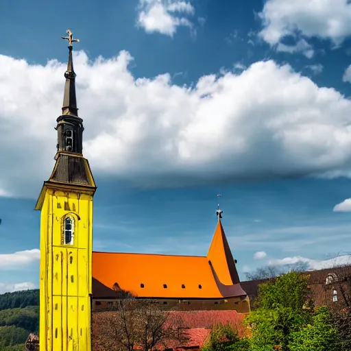 Image similar to a large yellow building with a steeple on top of it, on a hill, a flemish baroque by karl stauffer - bern, unsplash, heidelberg school, panorama, wimmelbilder, romanesque, danube school, pixabay contest winner